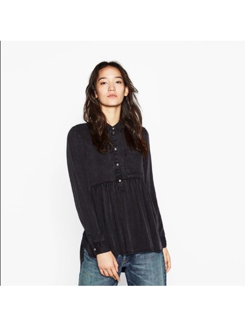 Zara Black Long-Sleeve Button-Down Peplum Top Size Small